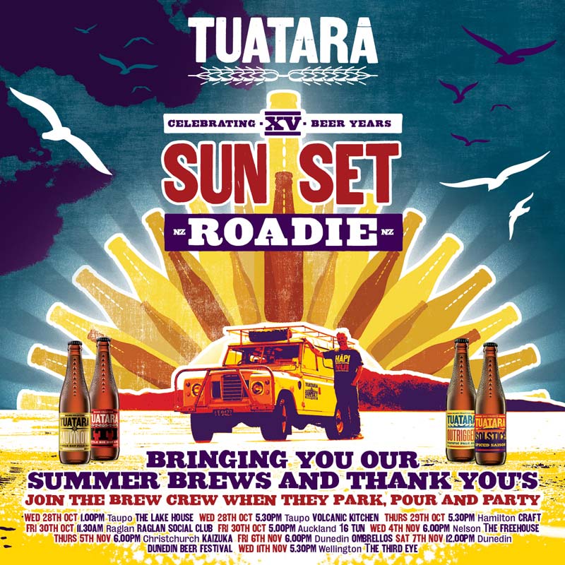 The Sun Set Roadie. A road trip by Carl Vasta and crew to celebrate 15 years of brewing. Along the way they dropped in on old mates to hold events for their fans, they parked, poured (from the side of the landie) and partied. All of which was followed live on facebook.